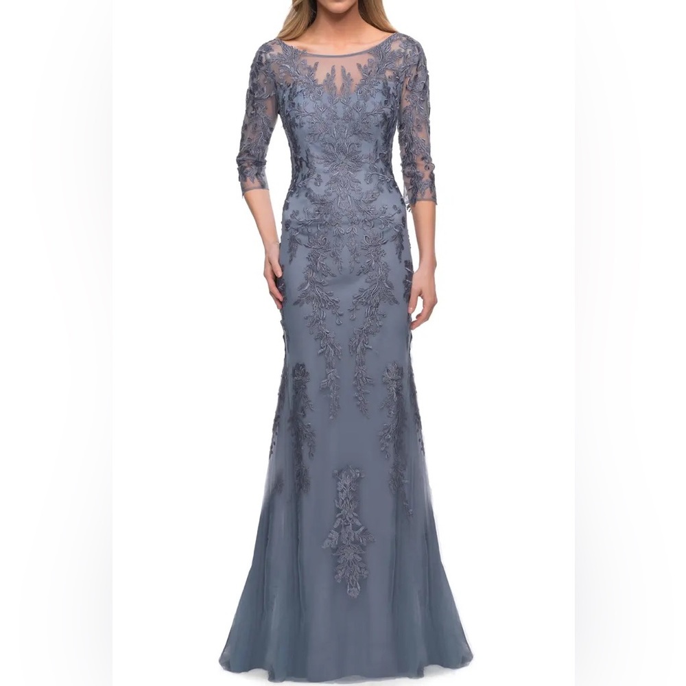 La Femme Lace Sheath Gown. Fits size 14-16. Slate color.